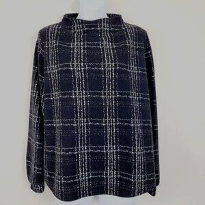 W5 Knit Top Black White Plaid Long Sleeve Wide Mock Neck Exposed Back Zip MED‎